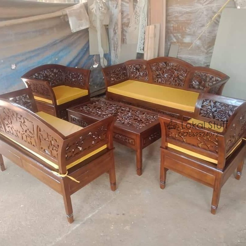 Kursi sofa tamu klasik ukiran kayu jati asli jepara full set meja